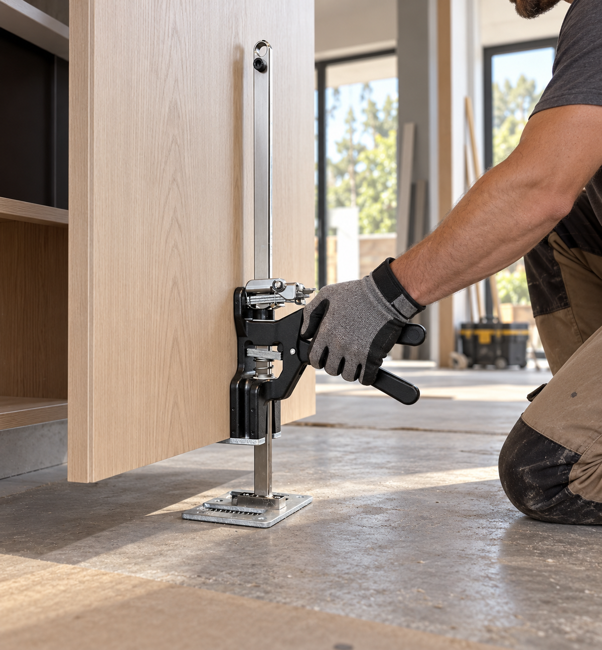 SoloLift jack holding a panel at height while both hands stay free to fasten