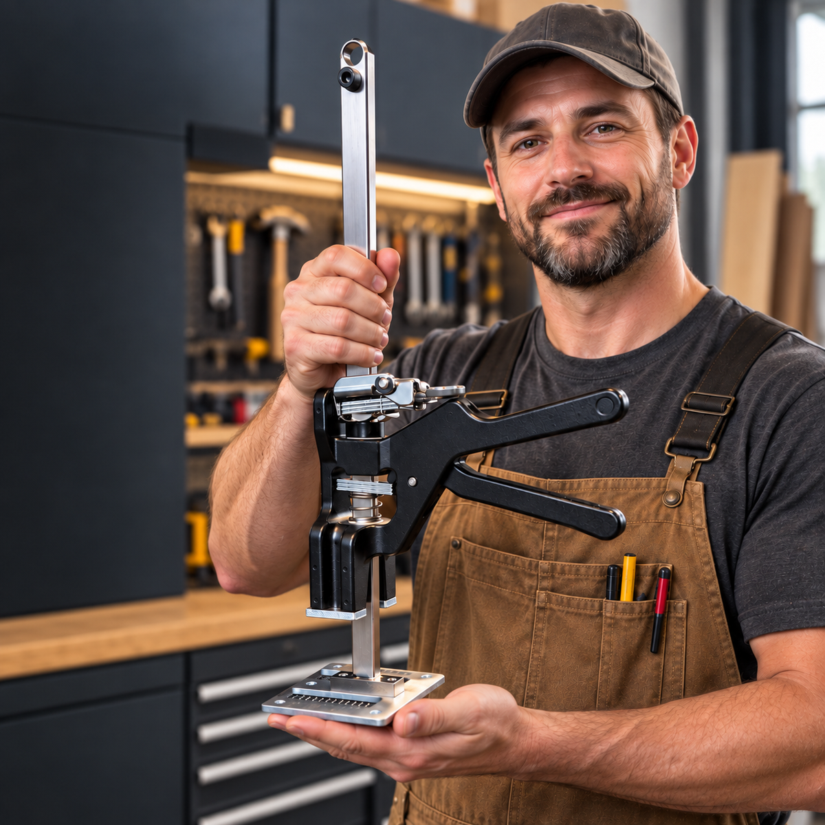 Installer using the SoloLift hand jack to level a heavy load with one hand