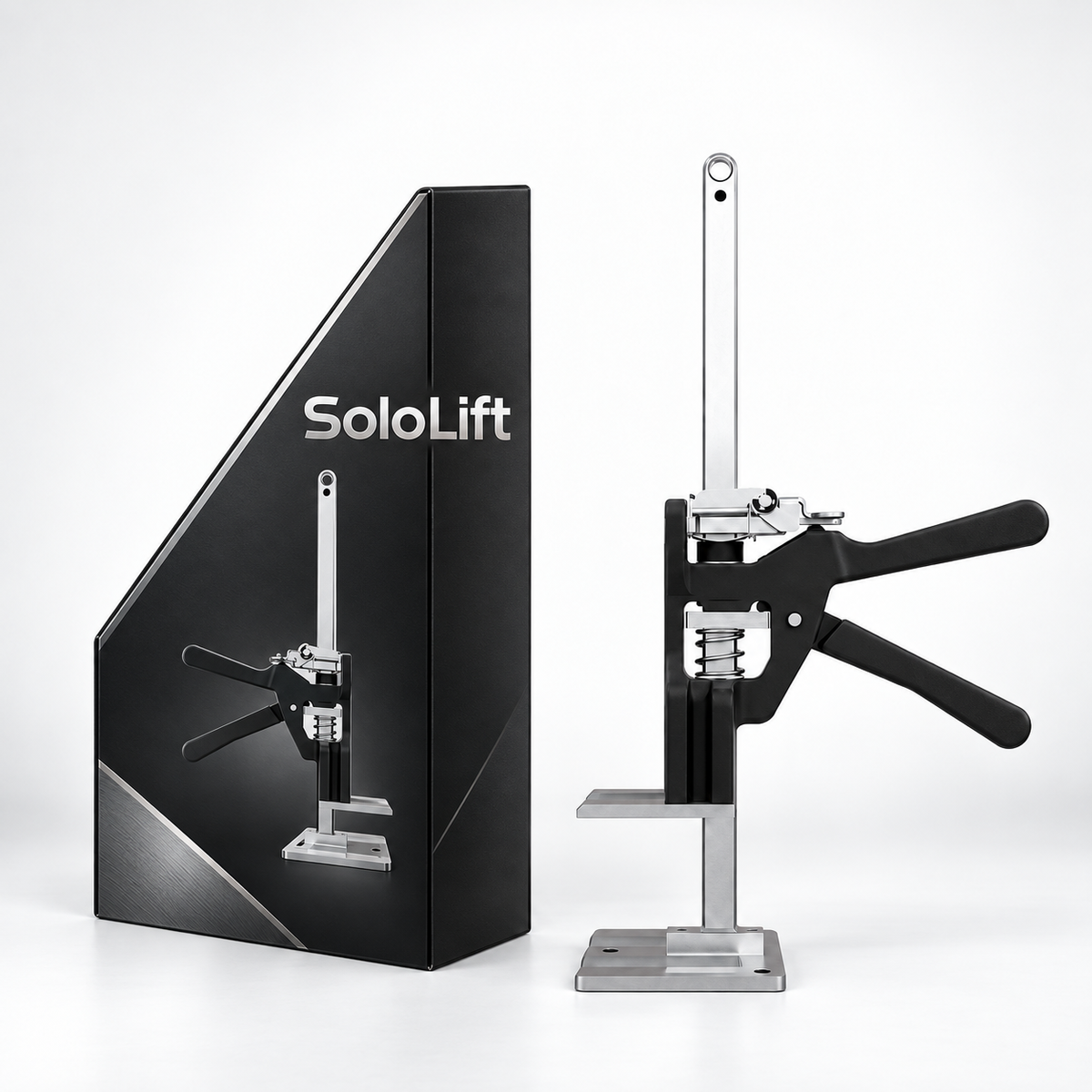 SoloLift hand lifting jack with retail box, single unit cabinet and door lifter tool